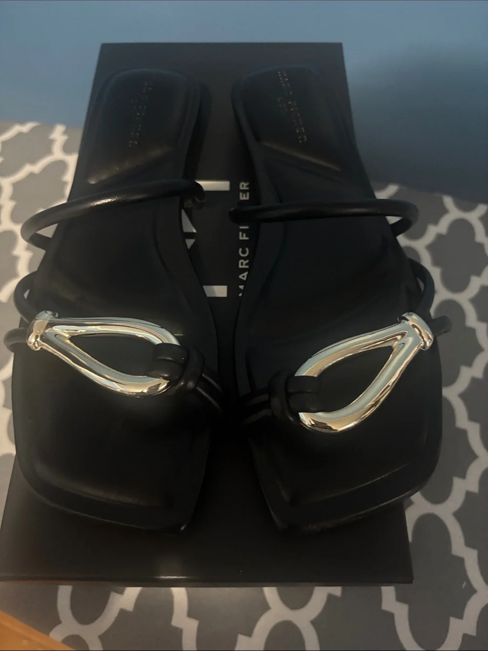 Marc Fisher Black Square-Toe Slide Sandals with Silver Teardrop Accent